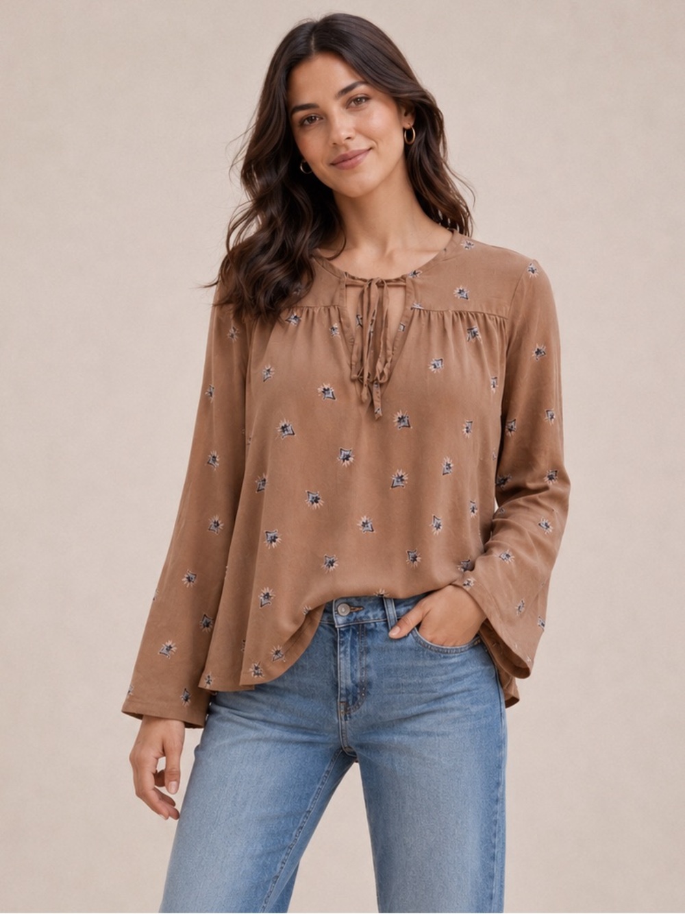 Amuse Society Floral Tie Neck Boho Blouse Long Sleeve High Low XS